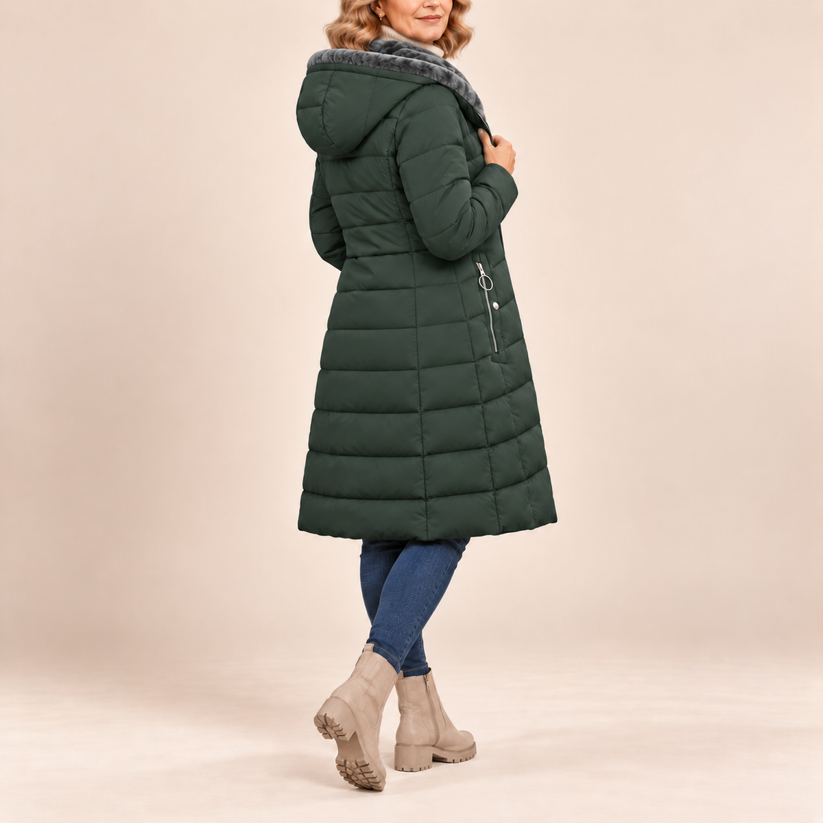 Dorota | Długi Pikowany Płaszcz z Kapturem