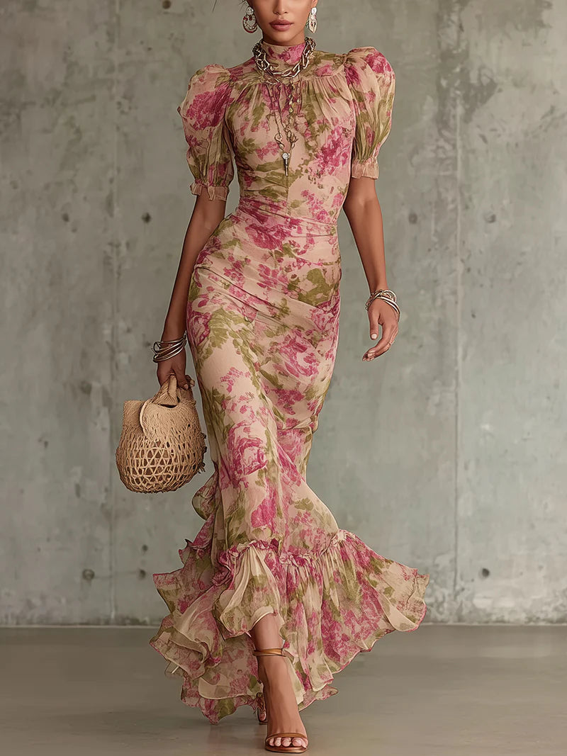 Sukienka maxi w stylu vintage z nadrukiem róż i bufiastymi rękawami