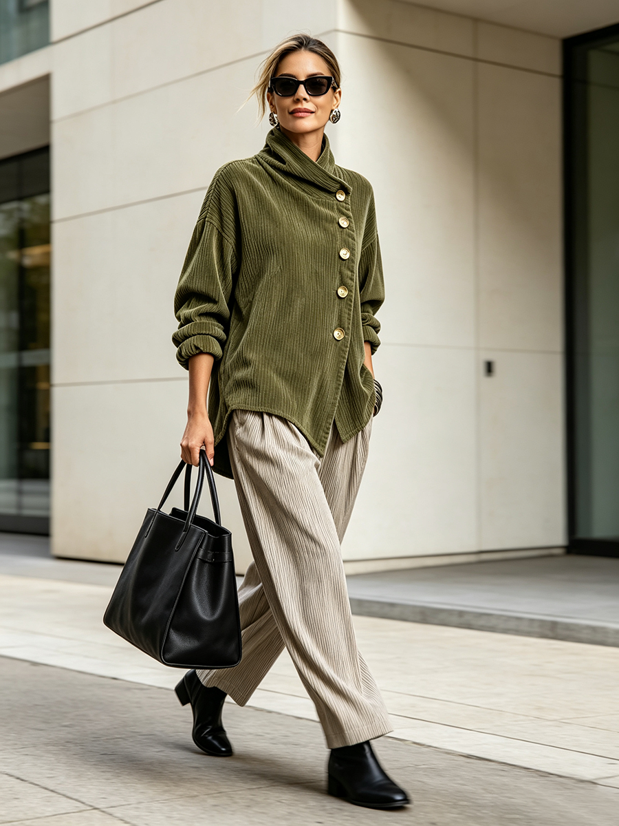 Lucyna | Elegancki Sweter Sztruksowy ze Złotymi Guzikami